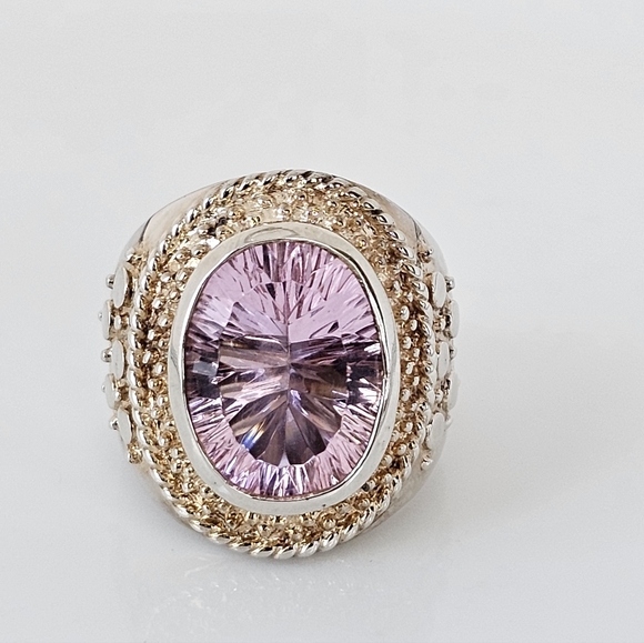 Genuine 9.32 Carat Pink Tourmaline Ring Two Toned Band Sterling Silver Sz 7.5 - Picture 9 of 13